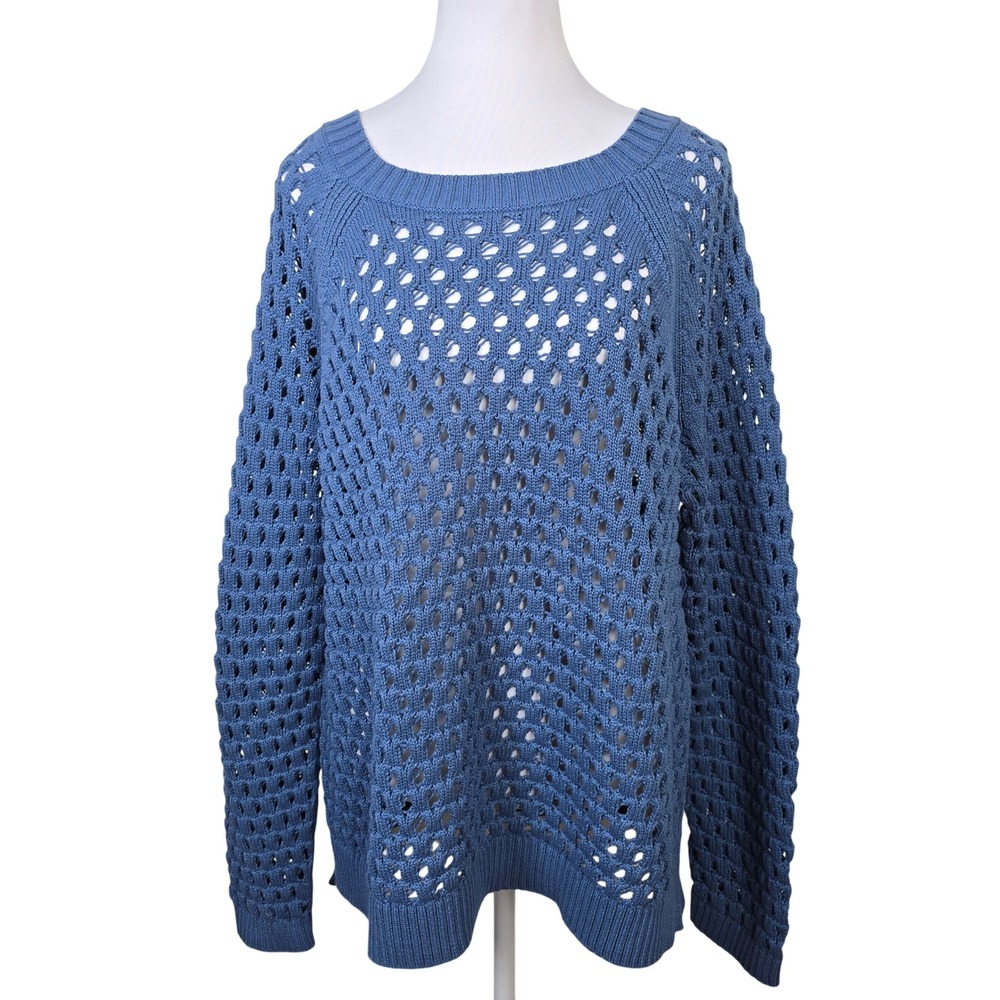 Talbots Womens XL Blue Open Knit Cotton Blend Pullover Sweater